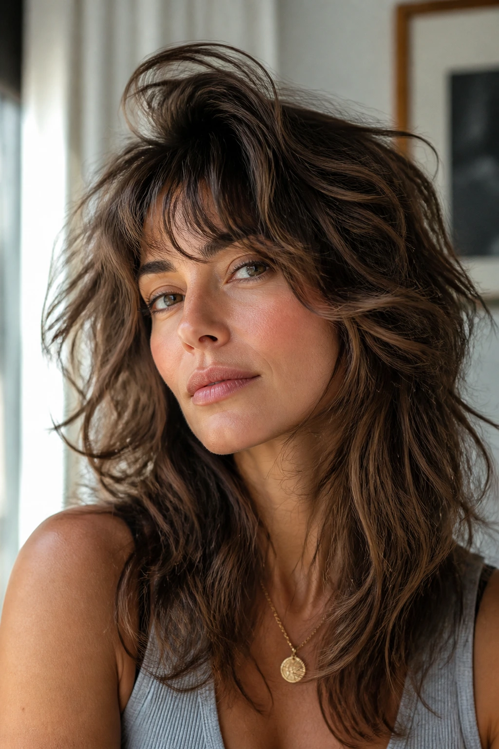 Portrait of a woman with crown-lifted long shag hairstyle.