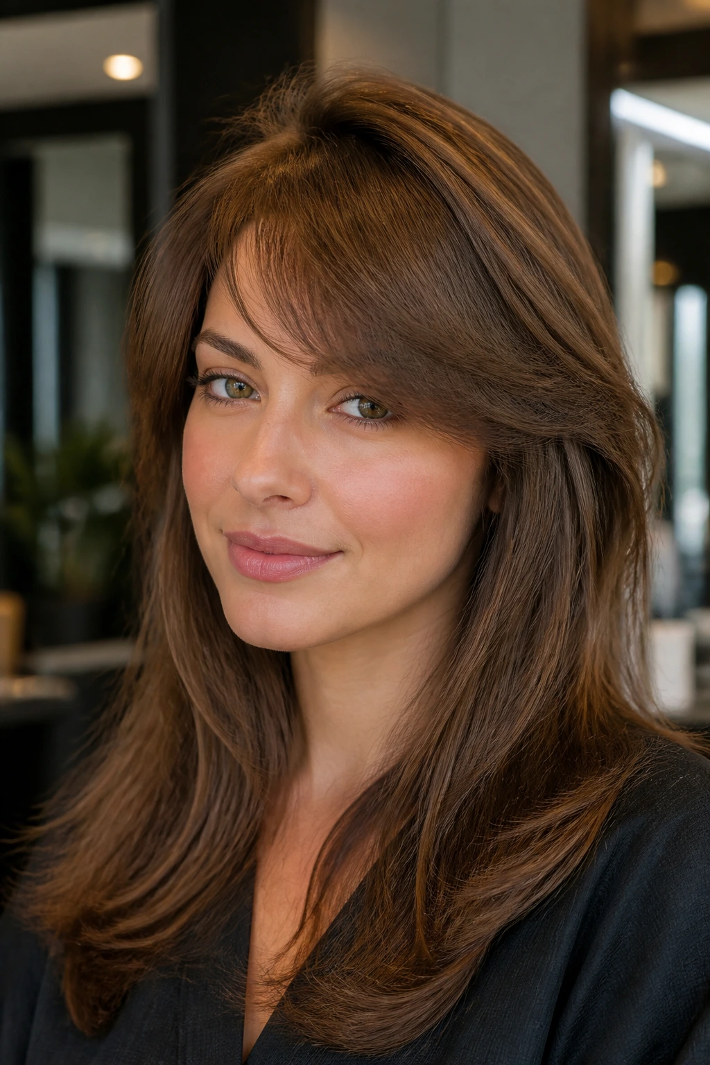 Close-up of a real person with crown-lift swept fringe