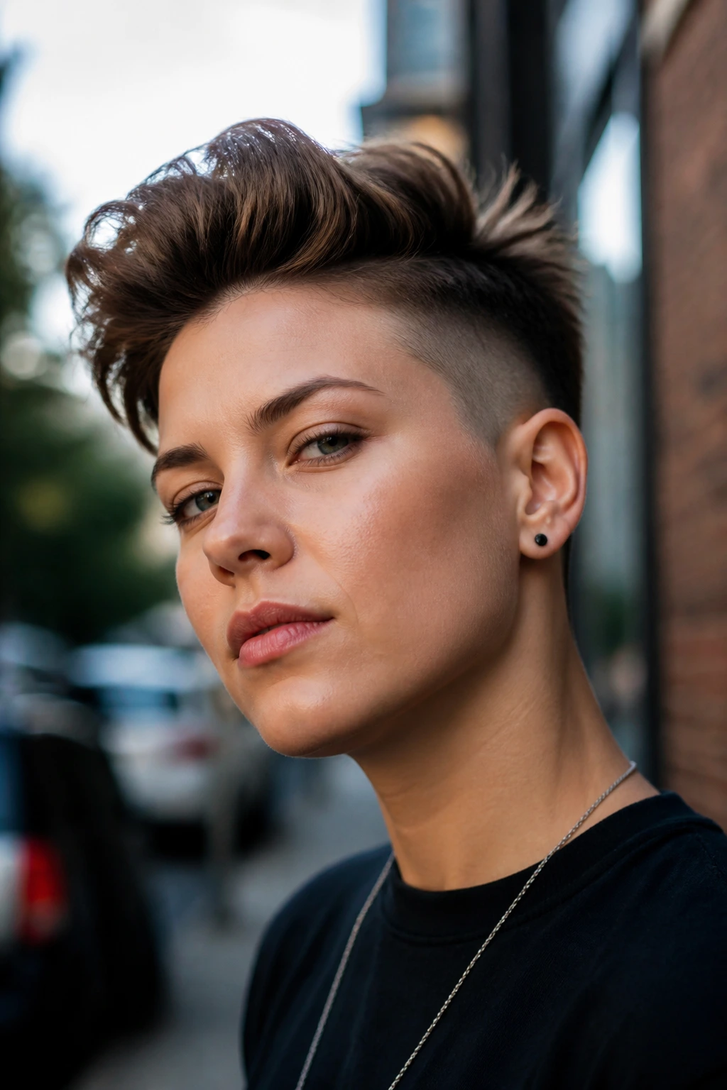 Close-up portrait highlighting crown lift and tight sides in a short tomboy cut on a real person, urban background