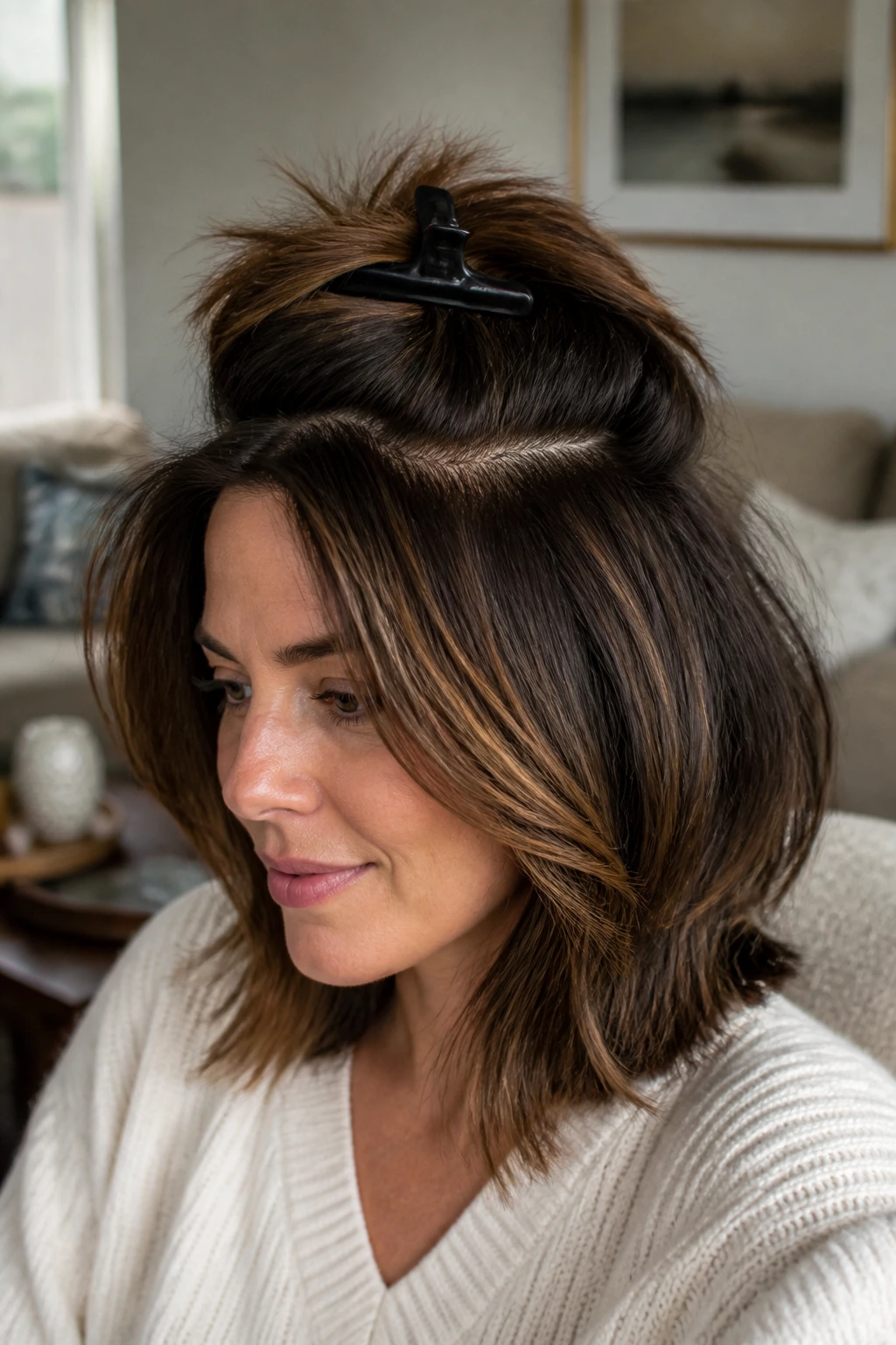 Close-up of a real person showing crown lift at the roots for volume