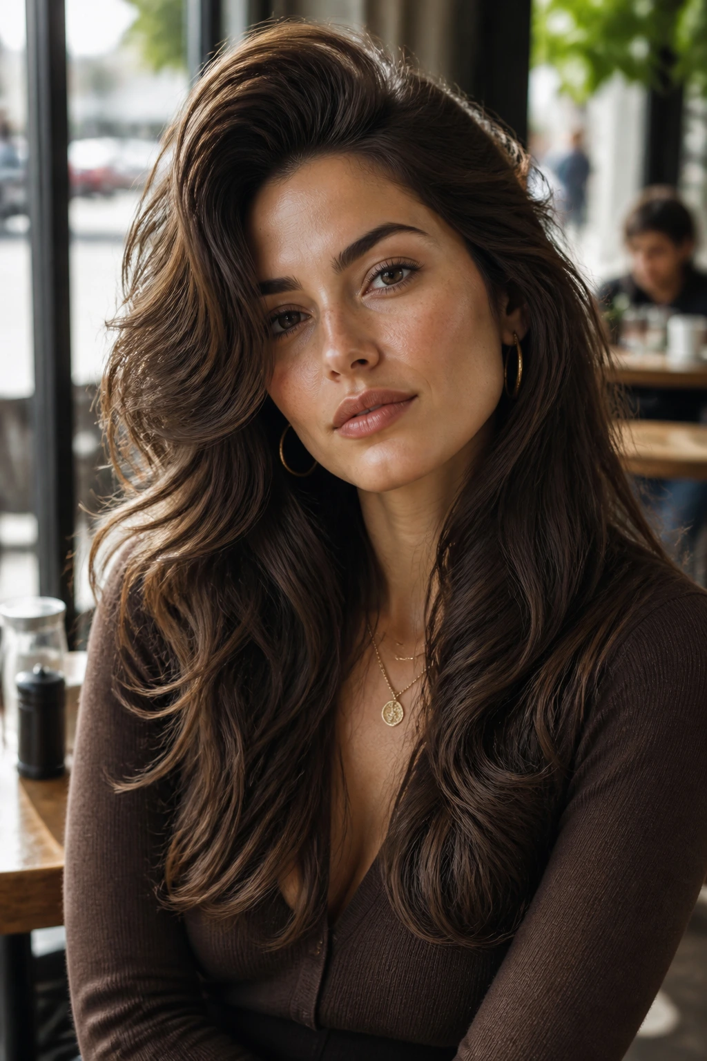 Close-up of a woman with crown-lifted waves and a deep side sweep.