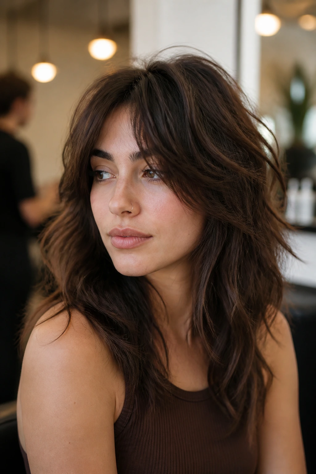 Close-up portrait of a real person with crown-lift wolf cut and invisible layers