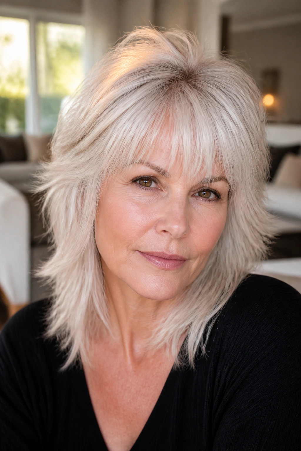 Real woman with platinum crown-lift wolf cut, close-up portrait