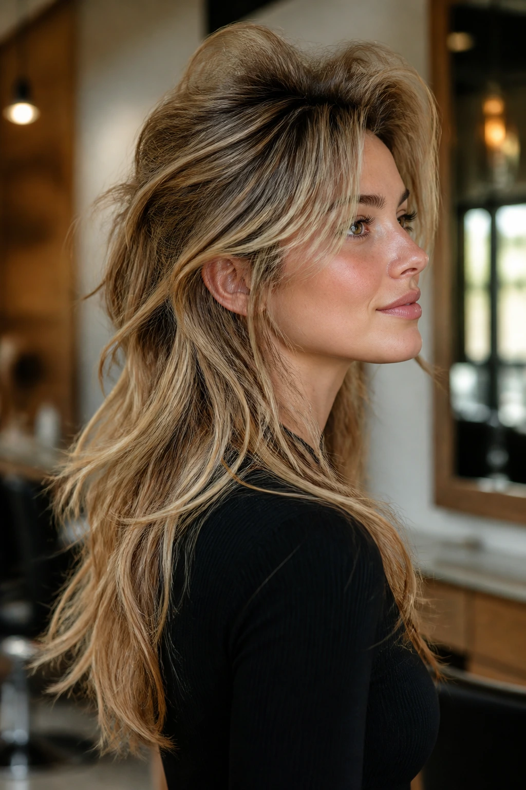 Close-up portrait of a real person with Wolf Cut with Heavy Crown Lift in a salon