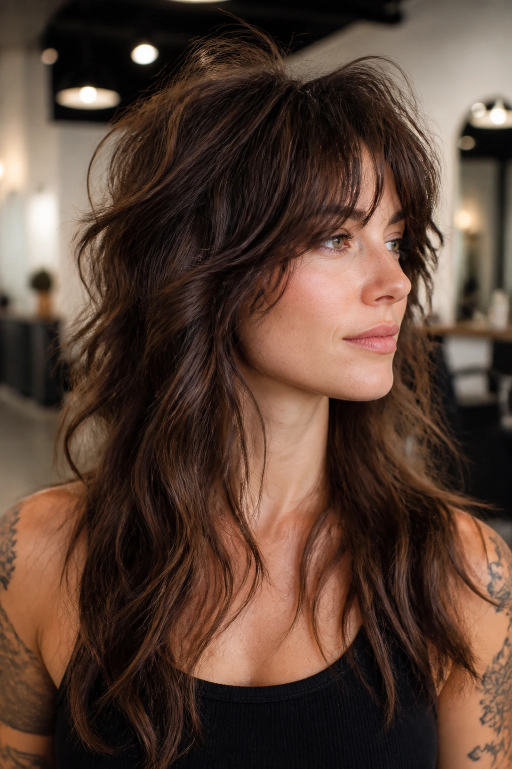 Real person with crown-lift wolf haircut showing crown volume.