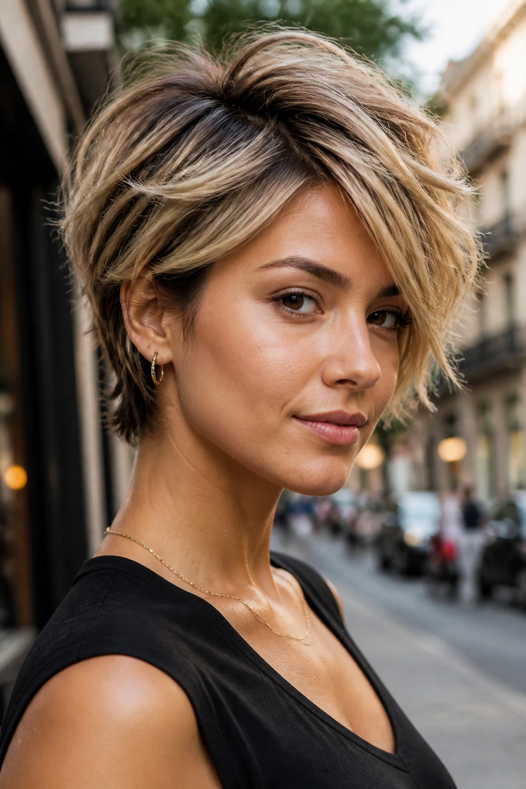 Real person with crown-lifted choppy pixie bob on city street