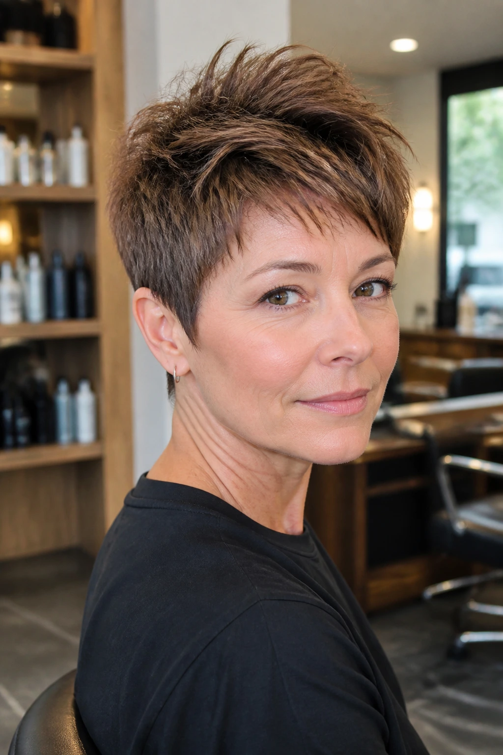 Portrait of crown-lifted textured pixie on real person in a bright salon