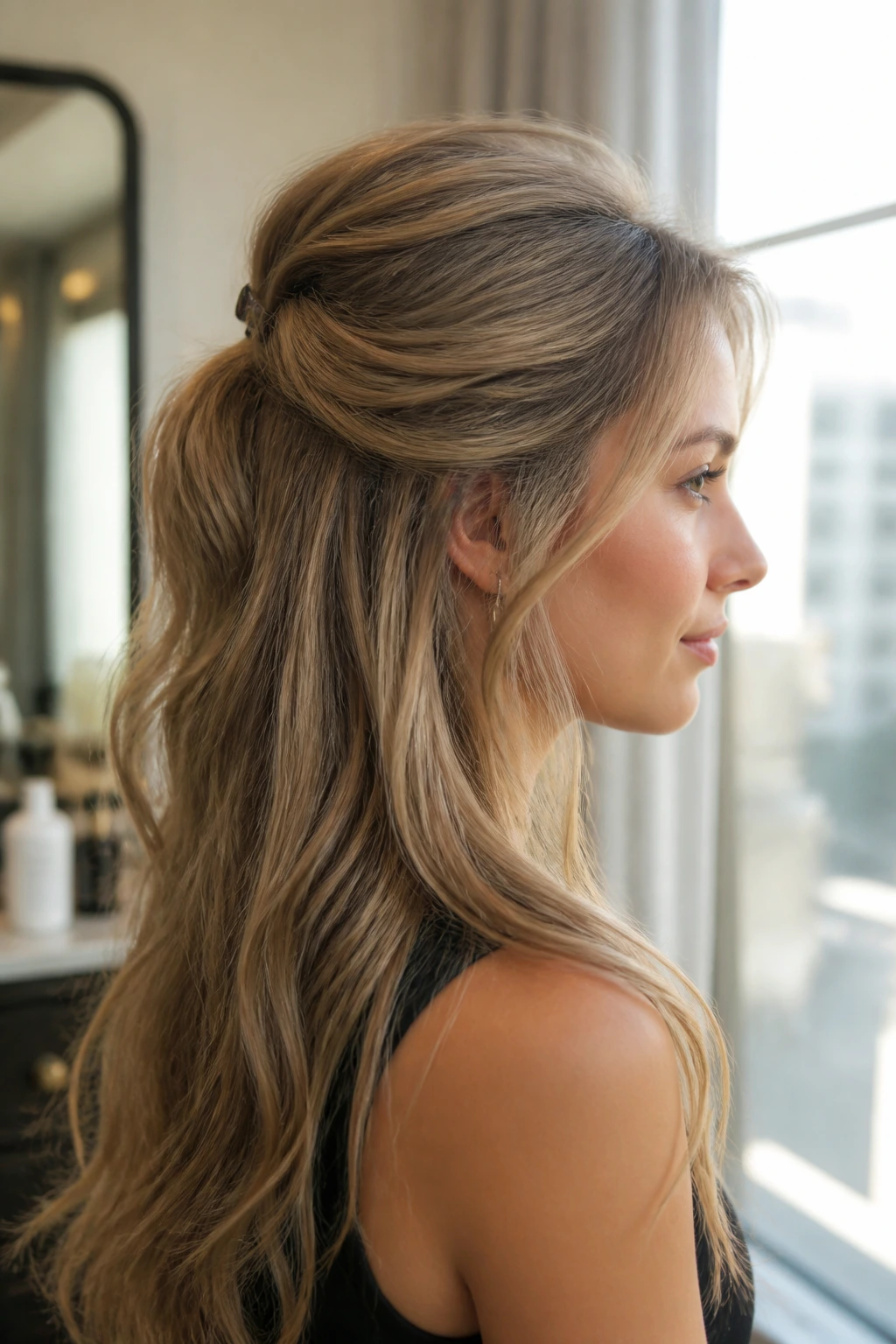 Side-profile of a woman with crown-lifted waves and hidden clips
