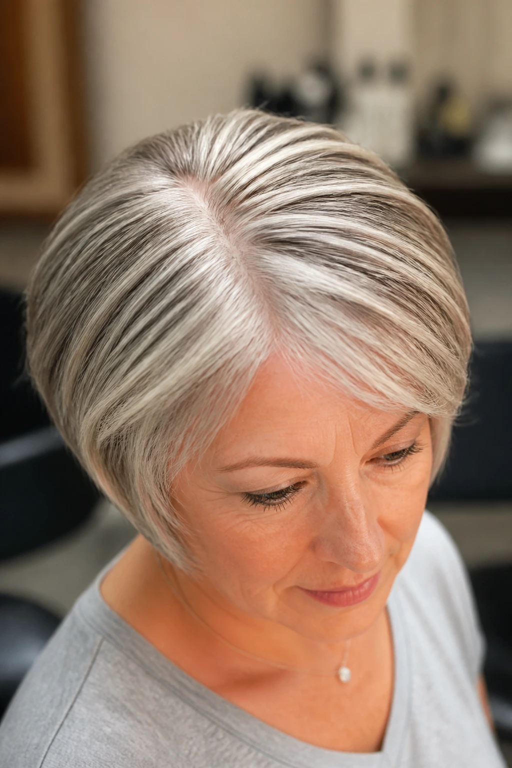 Close-up of an older woman with thinning hair and frosted crown lights along the part