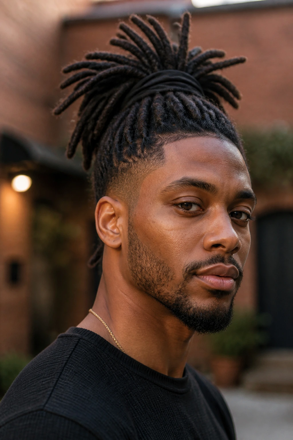 Close-up portrait of a man with crown ponytail locs lifted at the crown and tied, outdoor golden-hour setting
