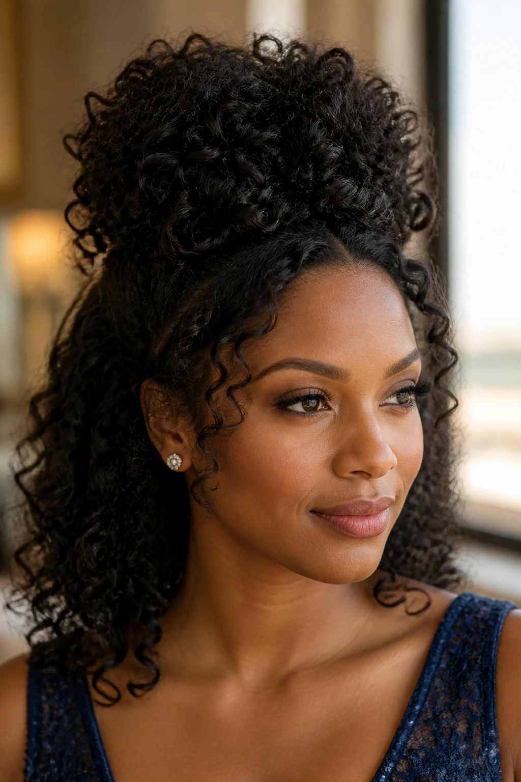 Close-up of a real woman with a tousled crown puff for natural texture