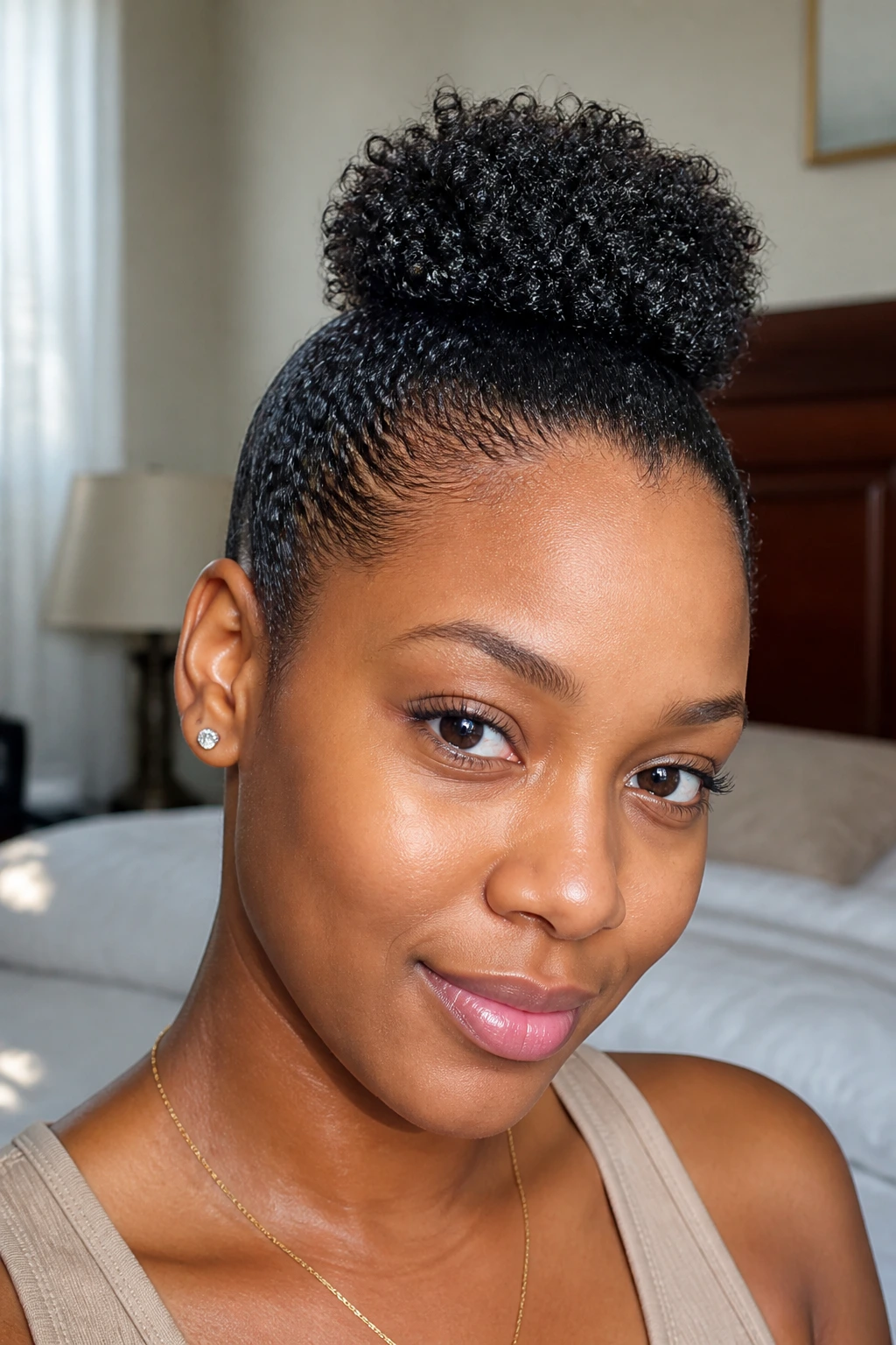 Close-up of a real woman's crown puff on very short hair