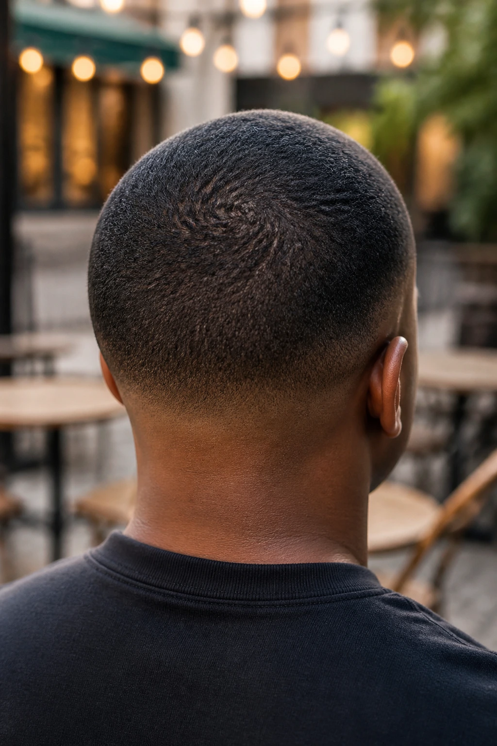 Back-of-head portrait of a Black man with crown-softening buzz showing crown swirl