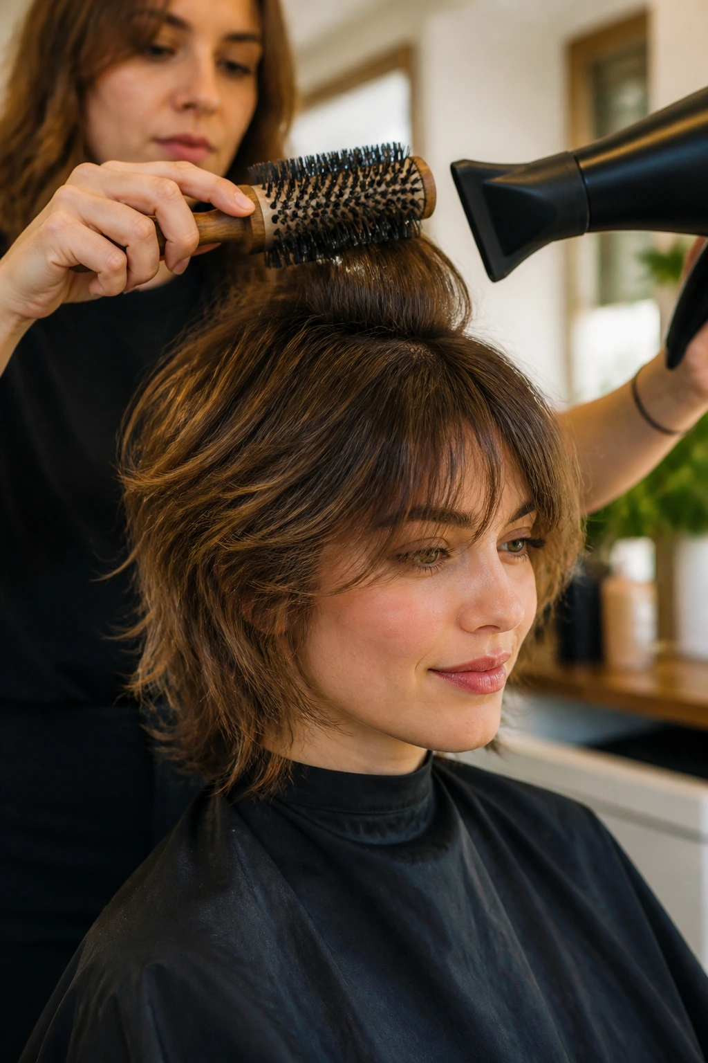 Real woman styled to protect crown lift with round brush in salon