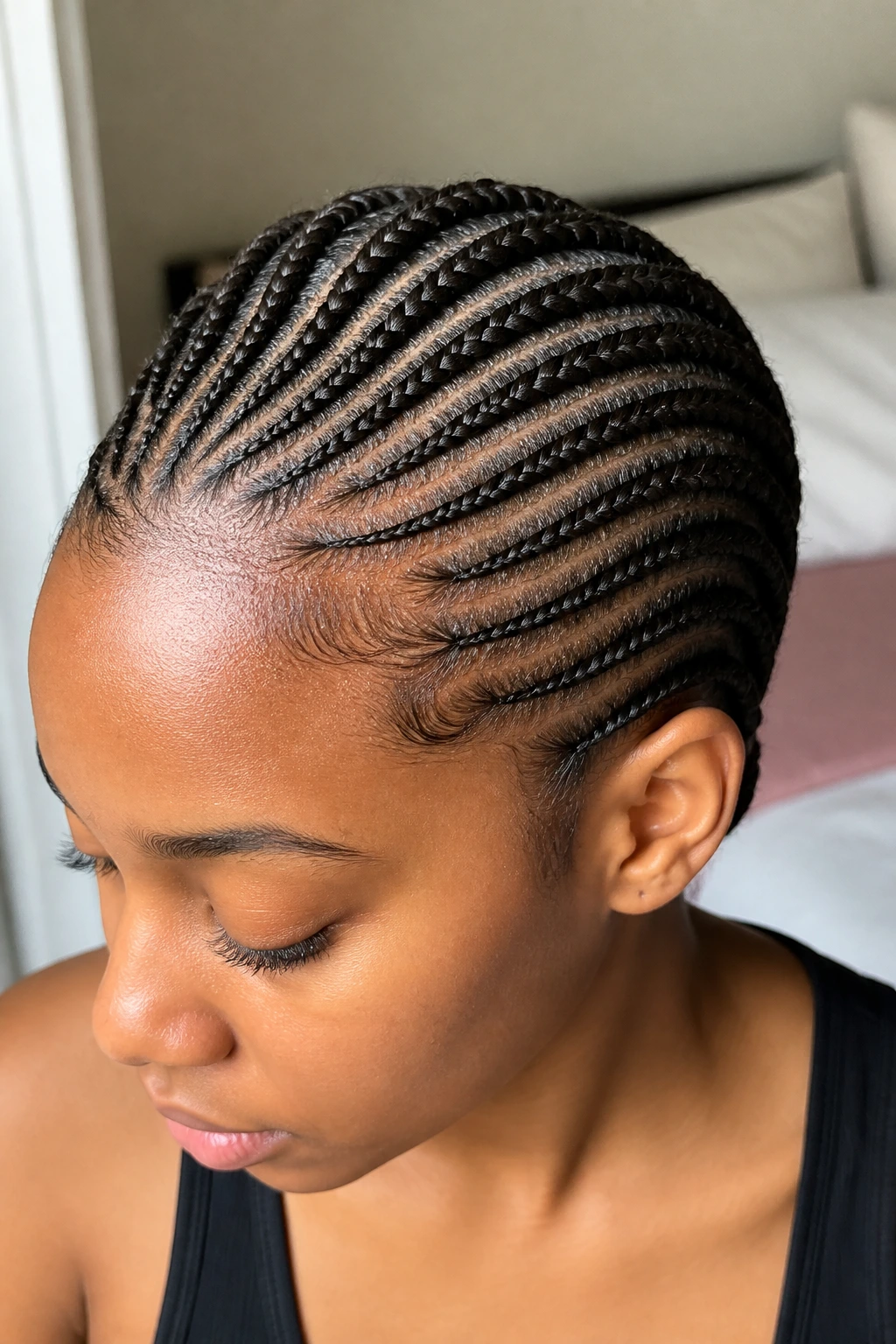 Close-up of a real person with a crown-sweep cornrow arc along the crown