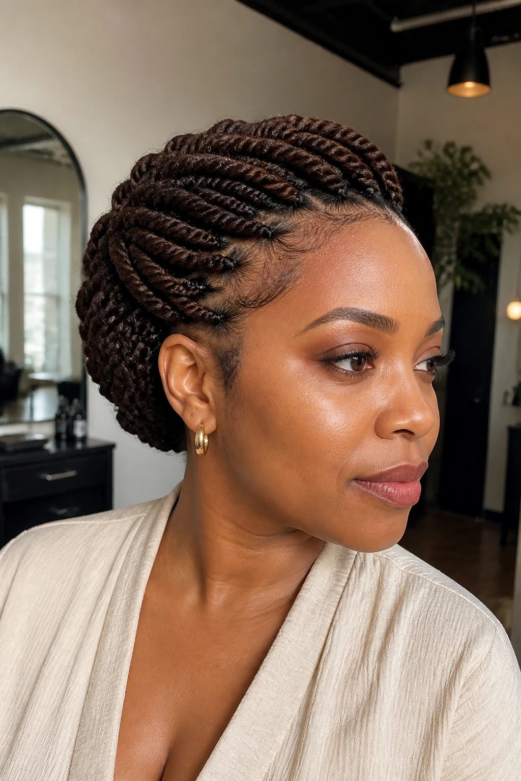 Close-up of a real woman with Crown-Sweep Havana Twists arcing around the crown