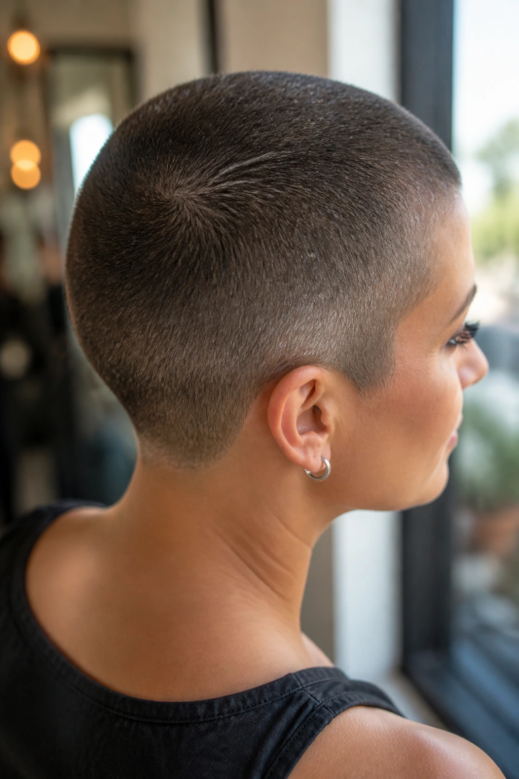 Close-up of a real woman with crown swirl buzz, swirl visible at back of head