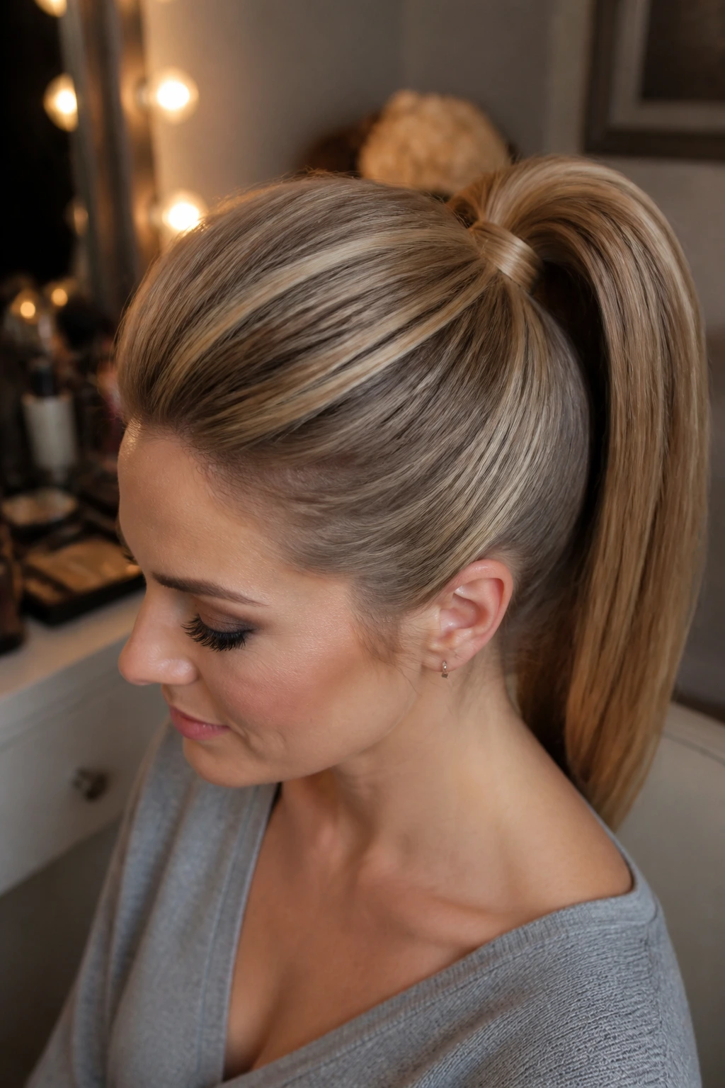 Close-up of crown-teased high ponytail on a real woman