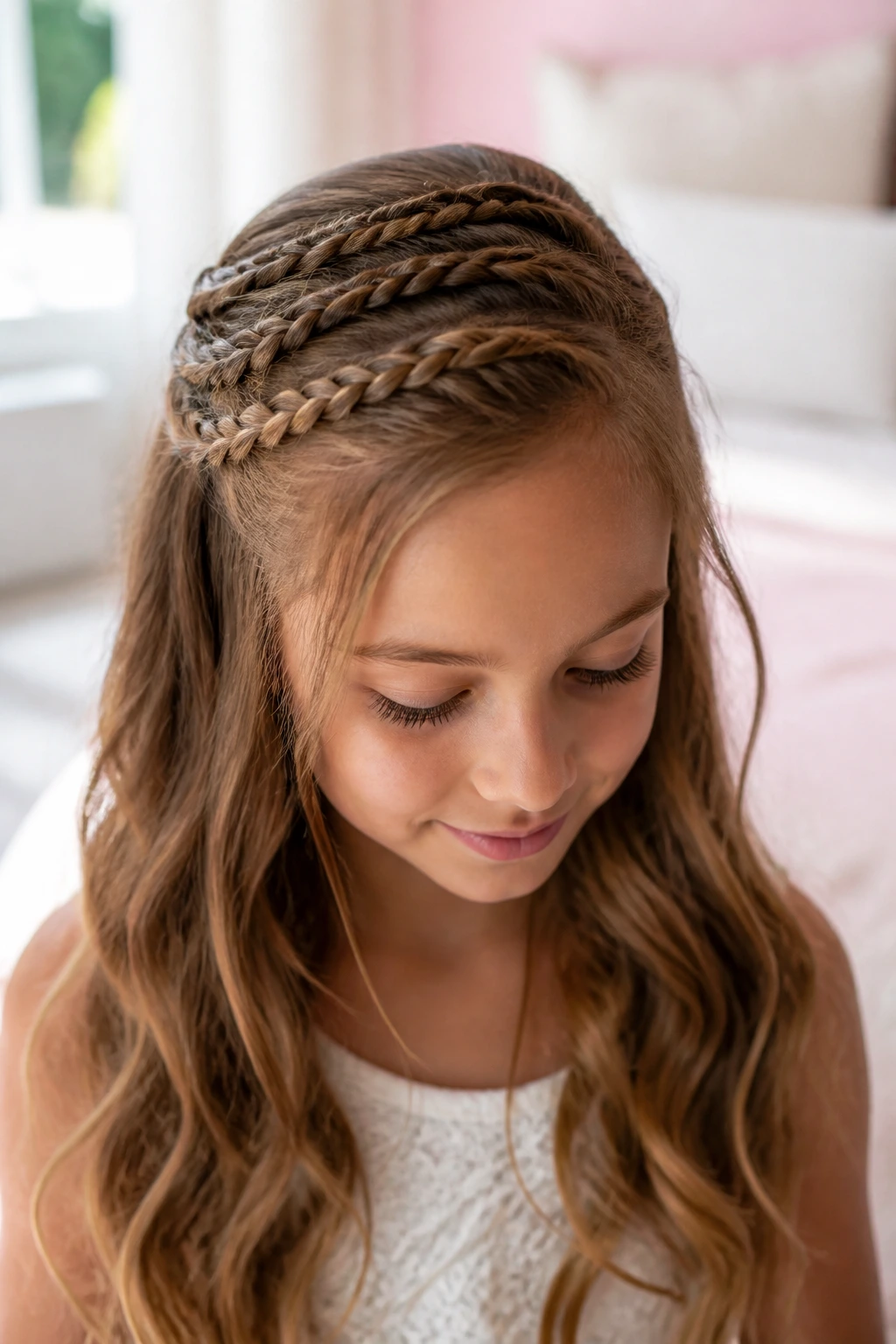 Close-up of a child wearing Crown of Tiny Braids across the crown.