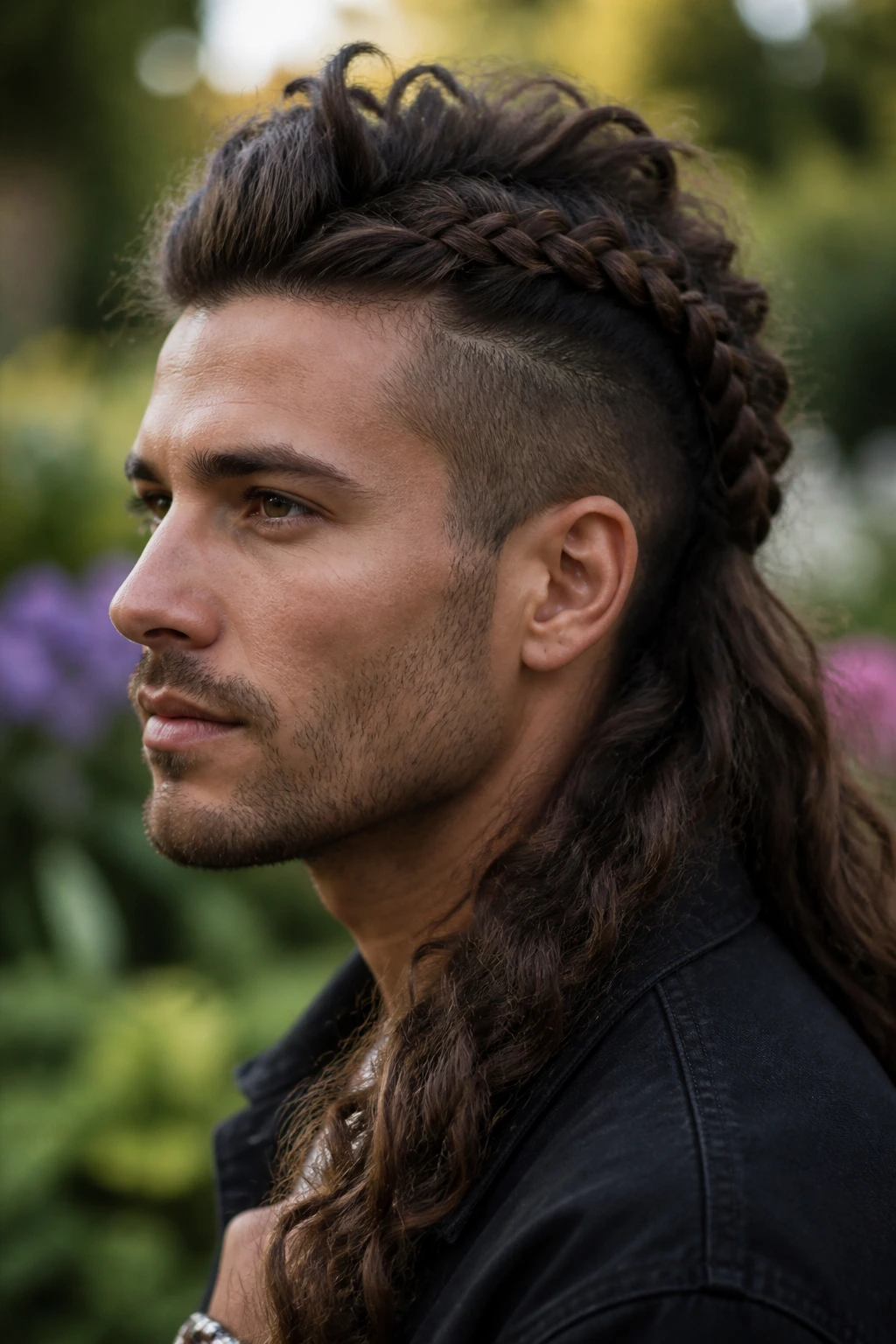 Portrait of a person with crown-to-mohawk hybrid hairstyle in an outdoor setting