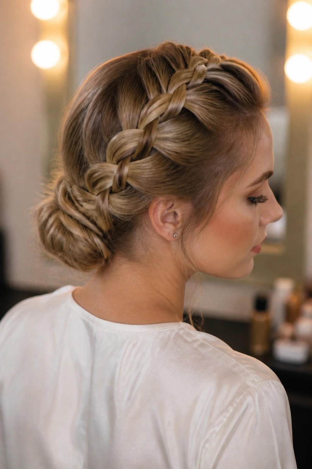 Close-up of a real woman wearing a crown-to-nape Dutch updo