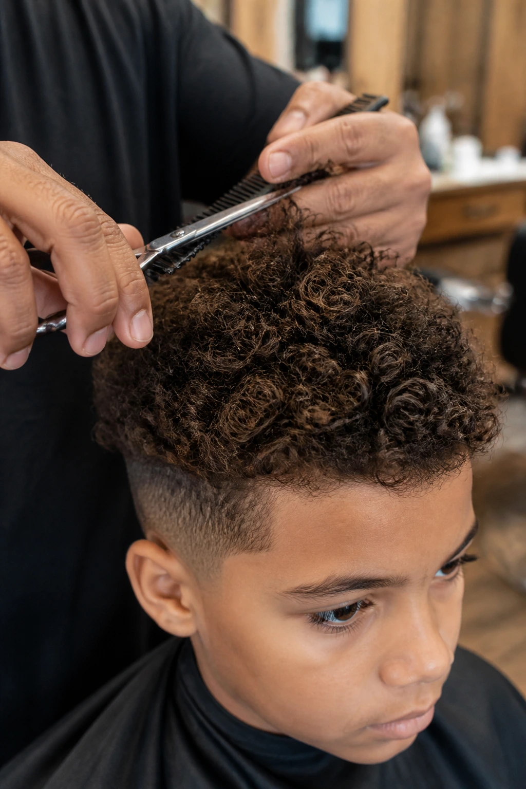 Close-up of a child's short curly hair being trimmed with precision at the crown in a warm barbershop.