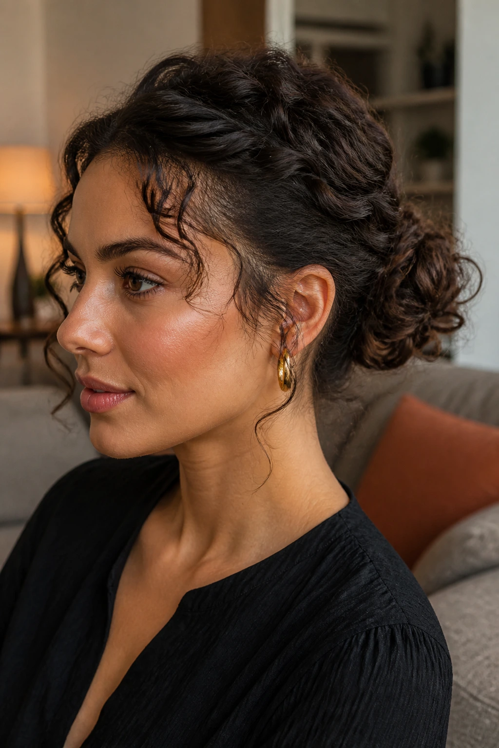 Three-quarter view of a real person with crown twists into a back bun