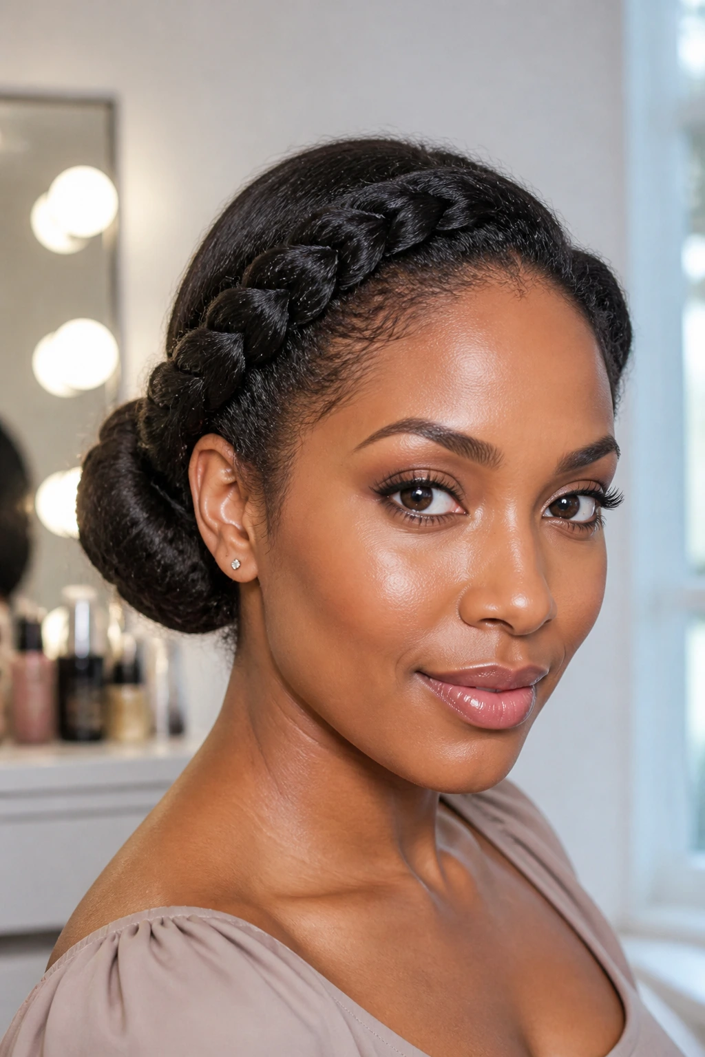Front portrait of a real woman with a crown twist bun shaping the fringe