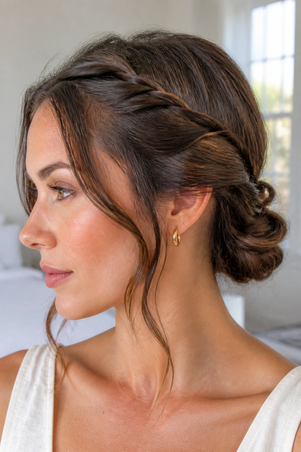 Close-up of a real woman with crown twists into a low bun