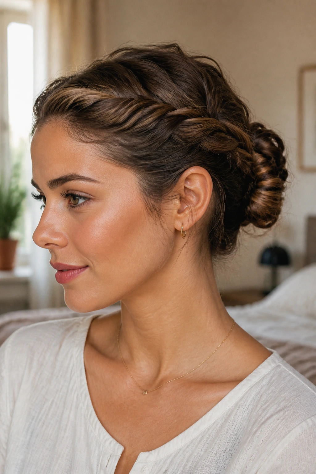 Close-up of a real woman wearing a crown-twist bun with side twists at the temples