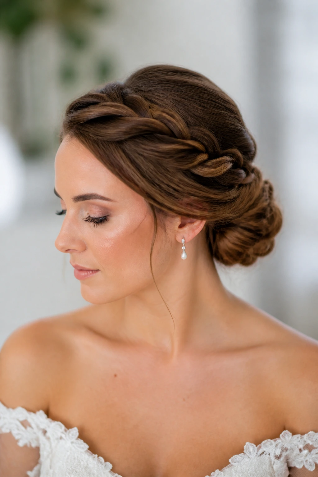 Close-up of a bride with crown twists and low chignon