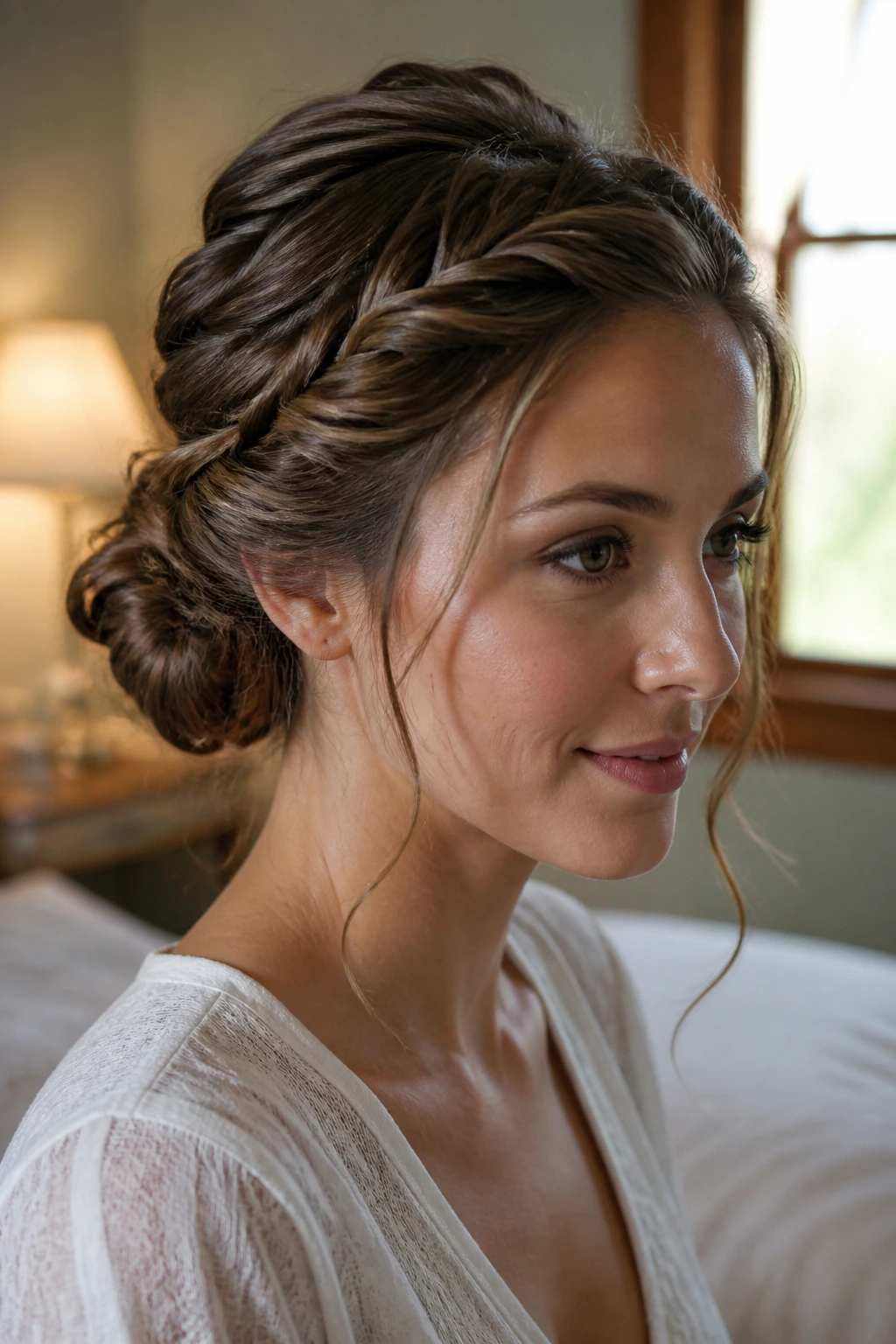 Real woman with crown twist chignon forming a soft frame around the face