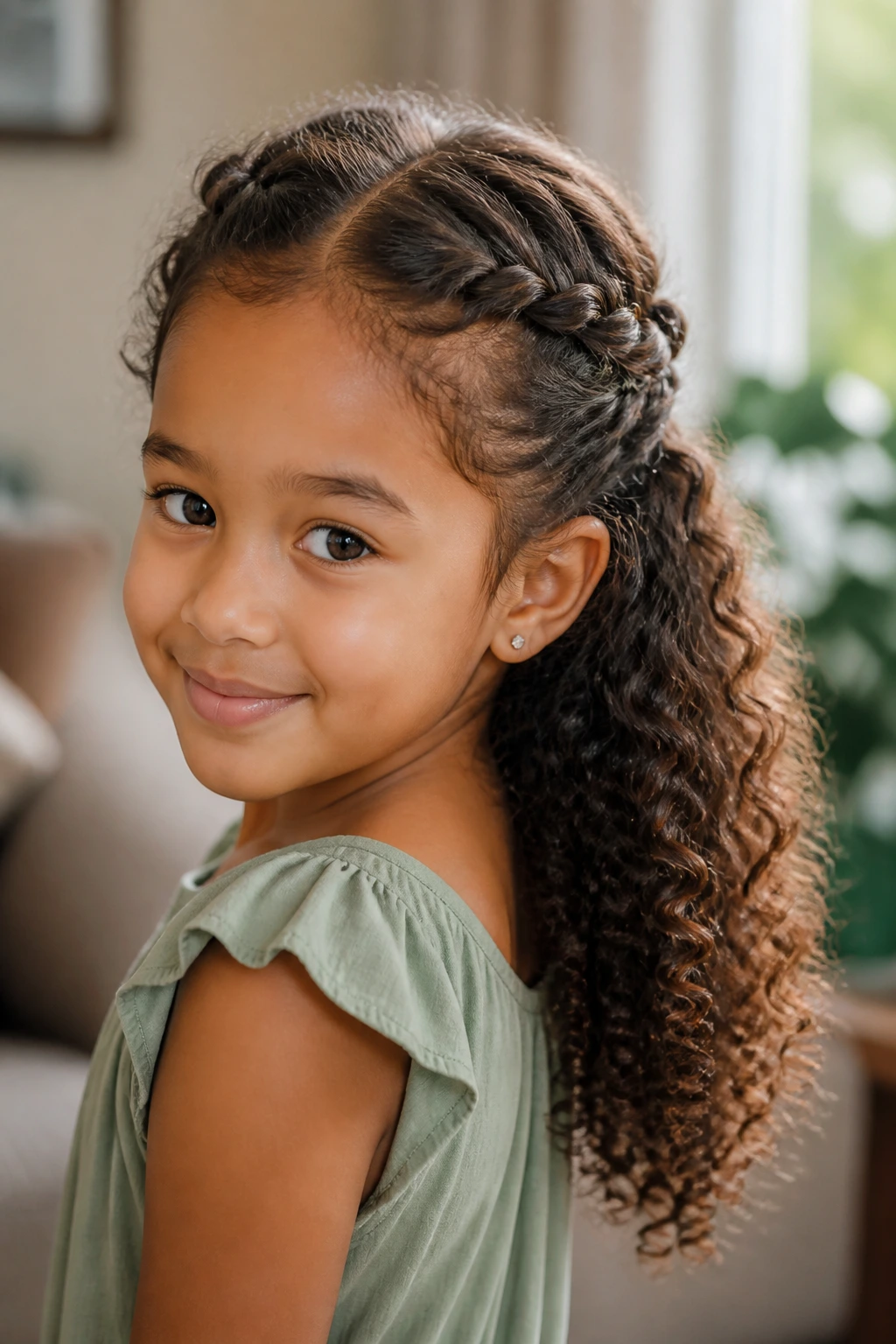 Close-up of crown twists with curly cascades at back in natural light