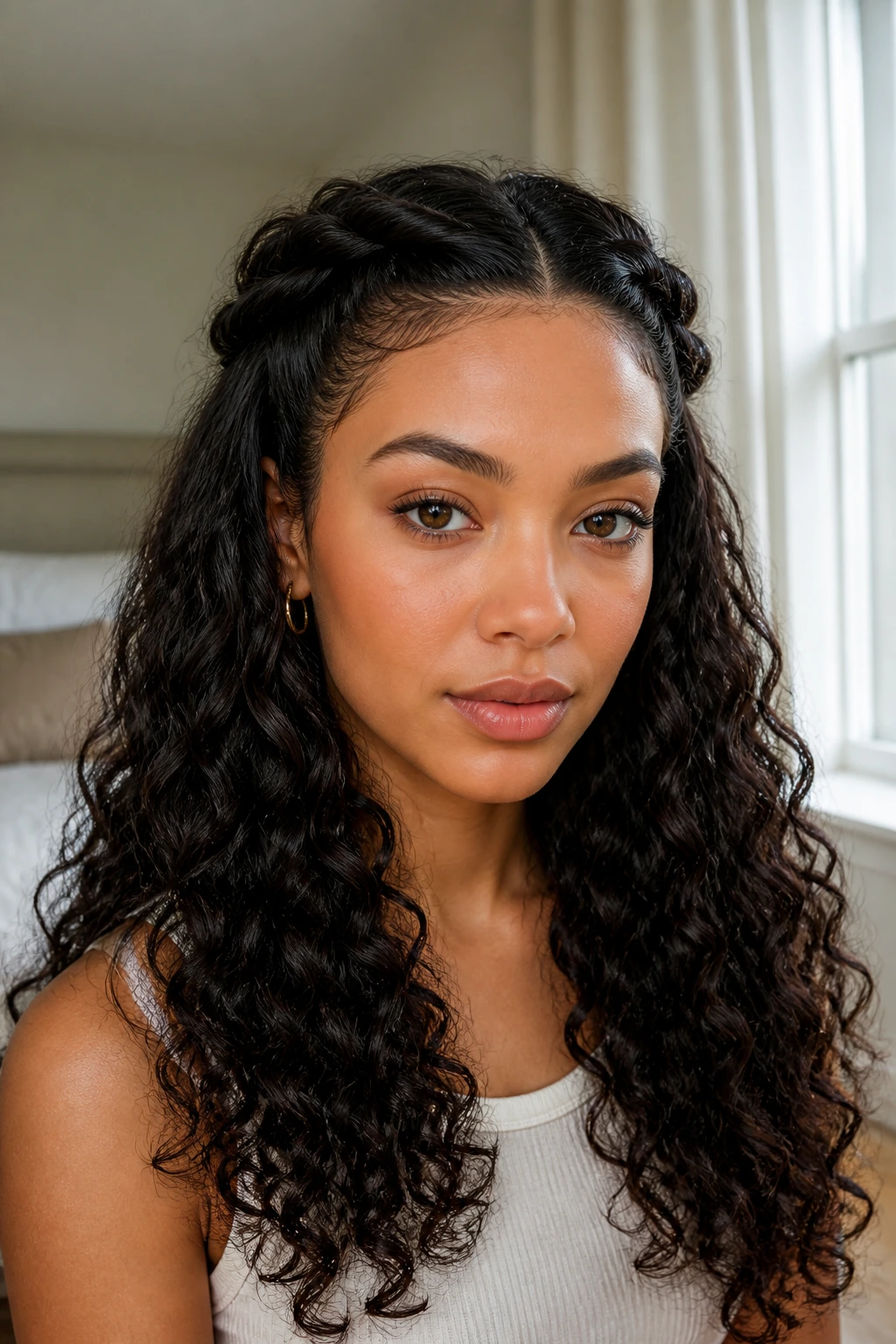 Close-up of a real woman showing crown twists along the hairline with loose length.