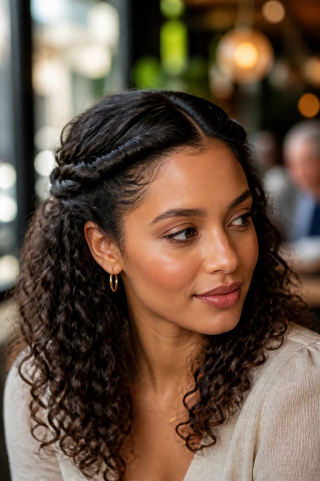 Close-up of a real woman with crown twist half-up hairstyle in a cafe setting
