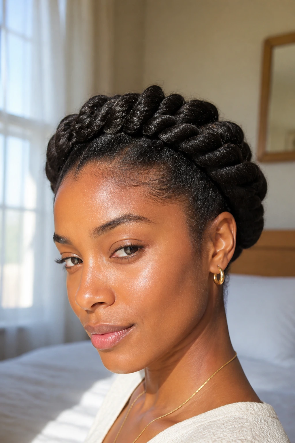 Close up of a woman wearing a crown twist halo hairstyle, natural window light