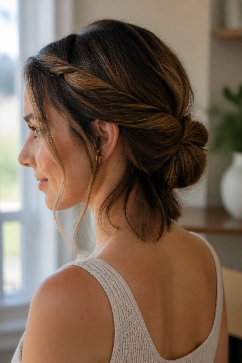 Three-quarter portrait of a real woman with crown twist feeding into a low knot at the nape.