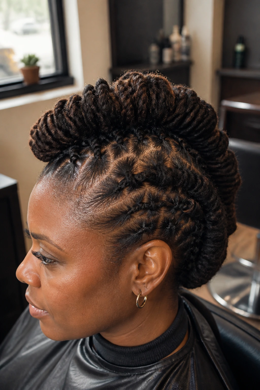 Close-up portrait showing crown twist mohawk with halo ridge on a real person.