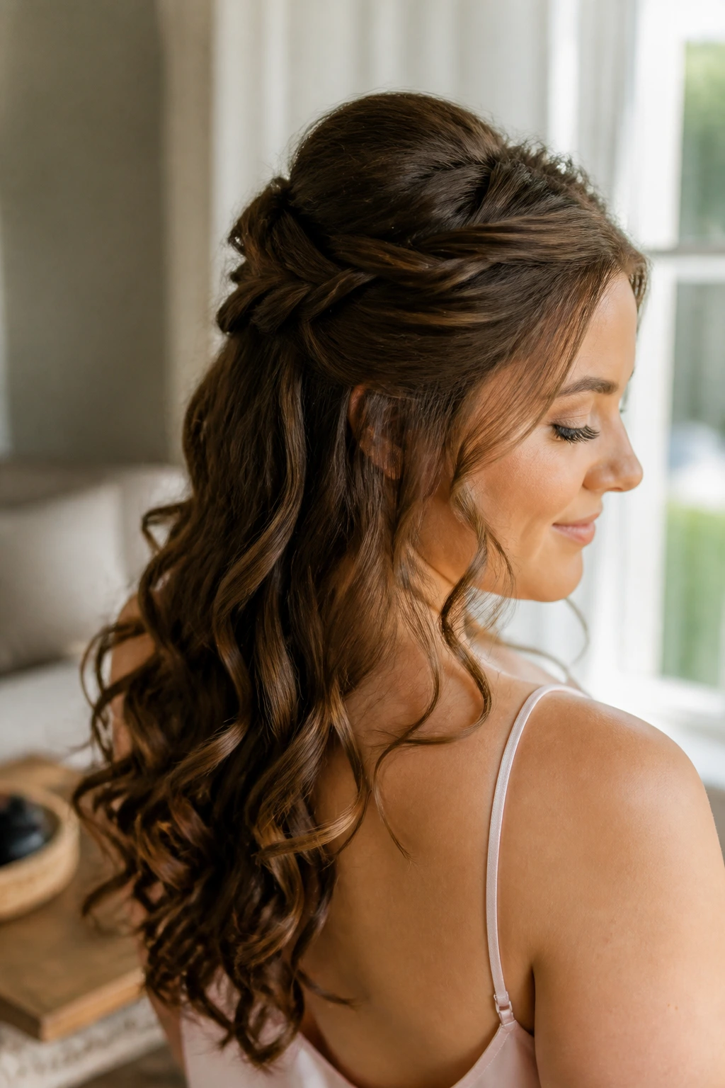 Close-up of a woman with a crown twist and loose curls.