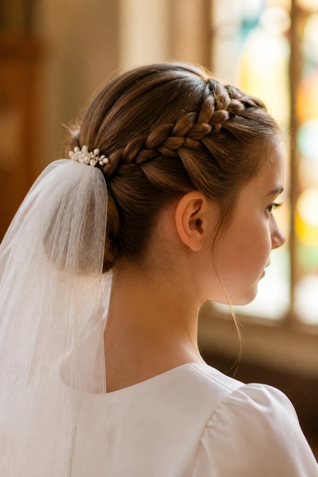 Close-up of a girl with crown twists and veil anchor