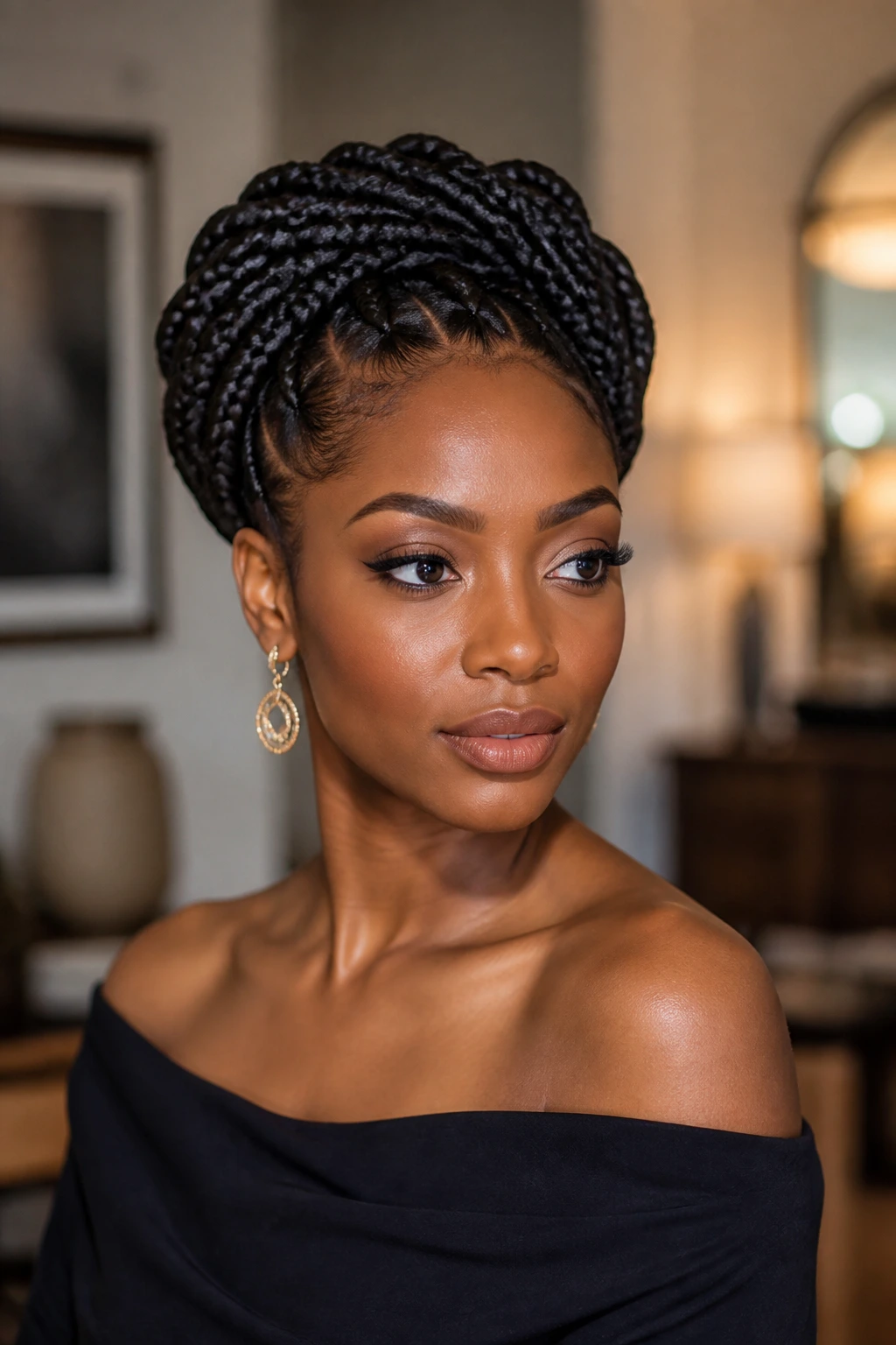 Portrait of a real woman wearing a crown updo made from box braids