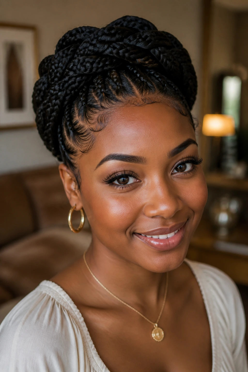 Close-up of a real woman with crown updo box braids