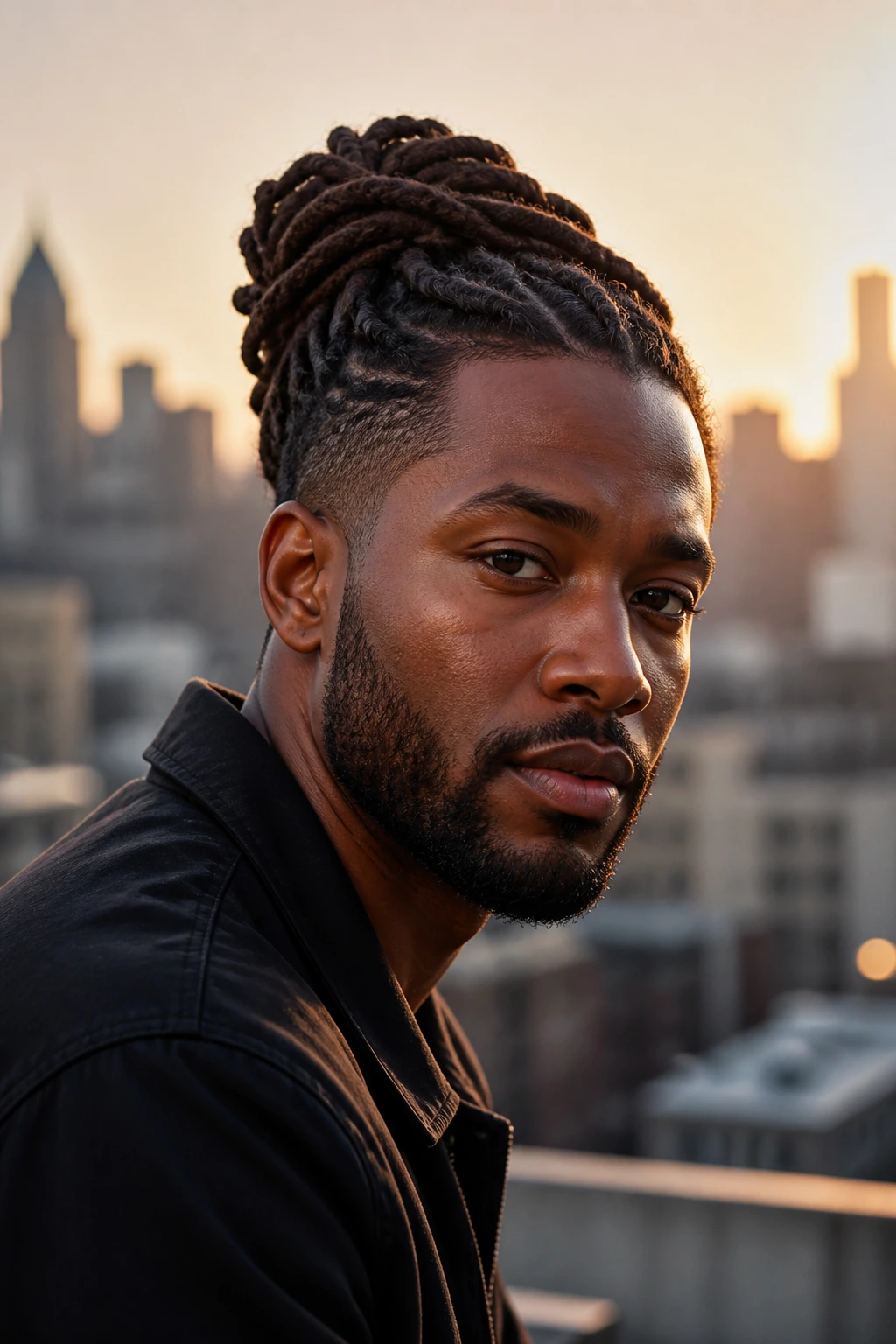 Man with crown updo locs in an urban rooftop setting