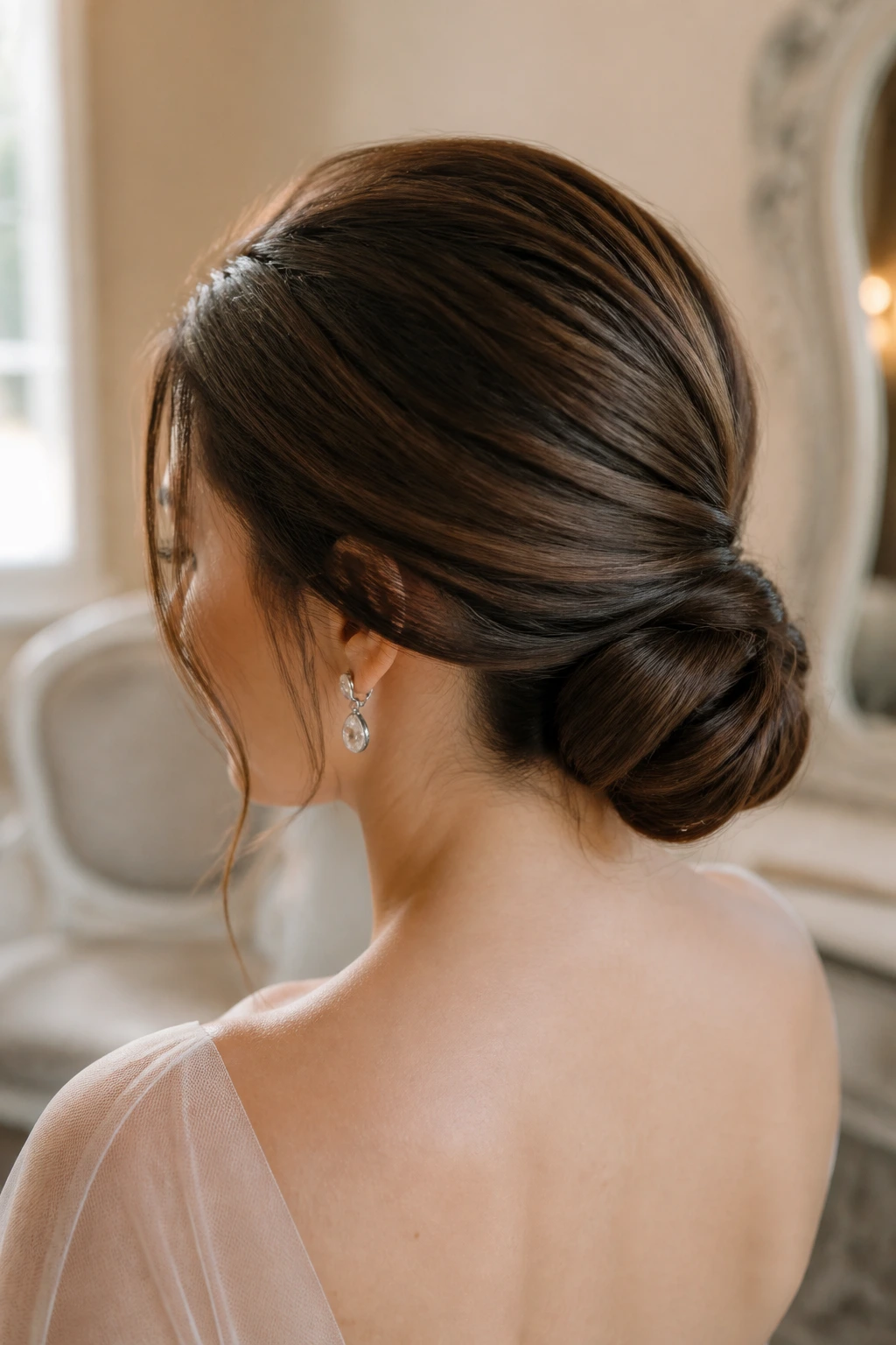 Close-up of a bride's crown-volume low bun with lifted crown
