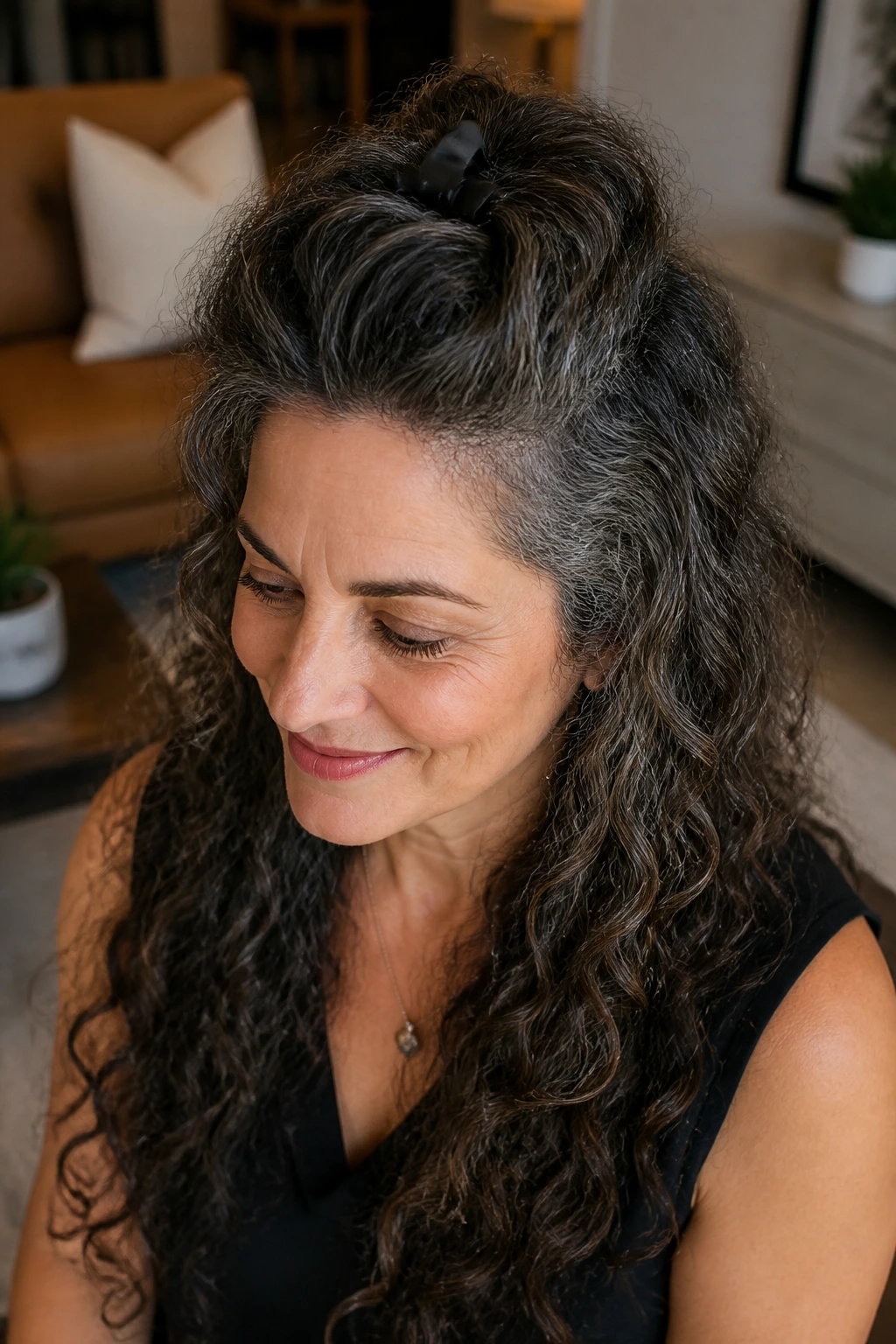 Portrait of a real woman with clipped-back crown volume and defined curls