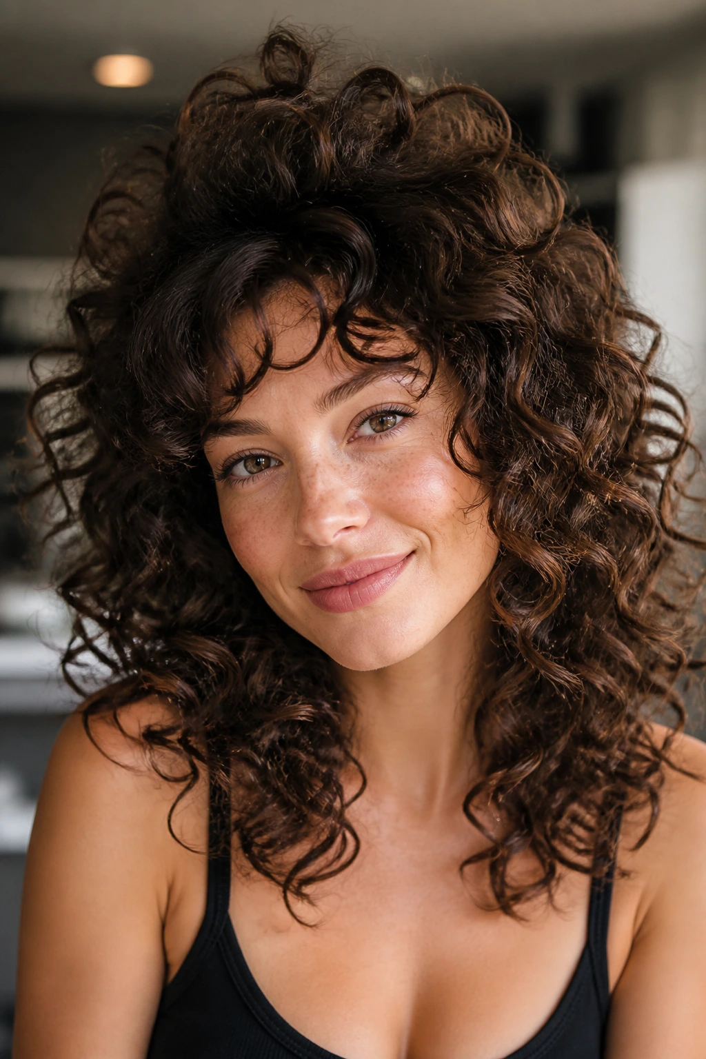 Close-up of a woman with crown-volume curls cascading down
