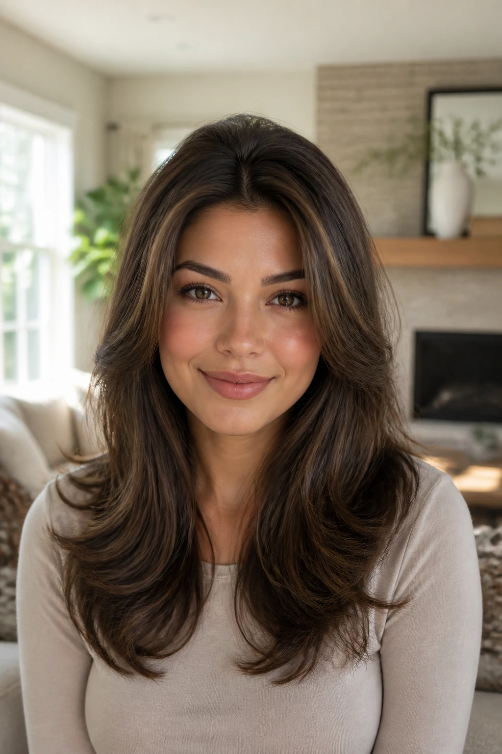 Close-up of a real woman with high crown volume and soft dropping ends.