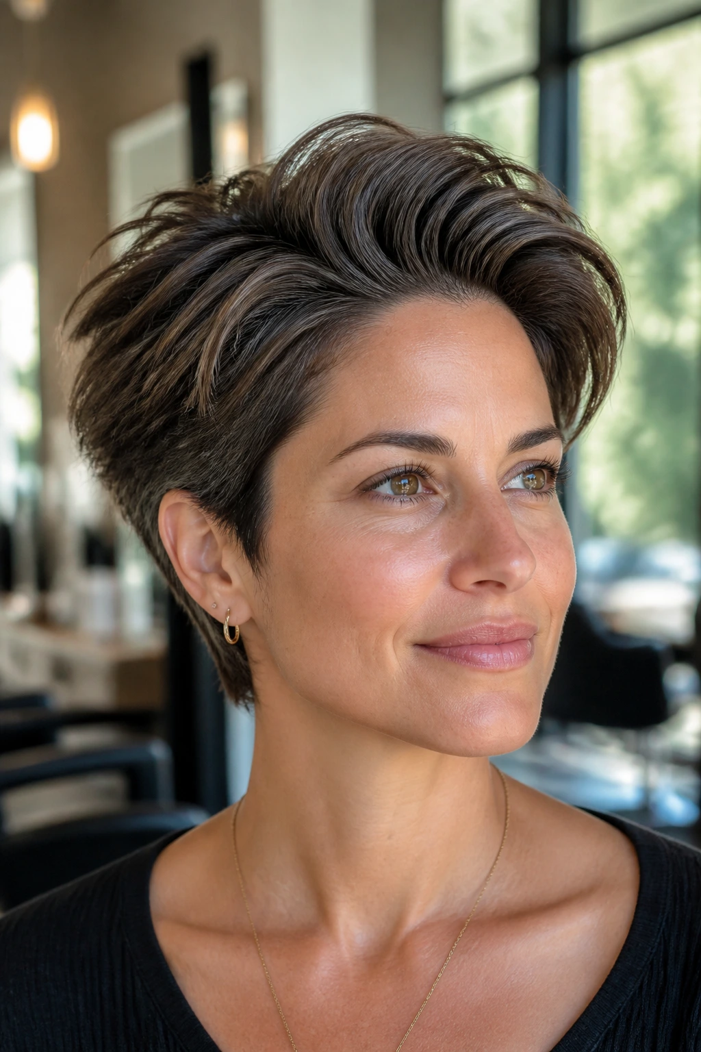 Close-up of a woman with a tapered crown-volume haircut featuring lifted crown and tight sides
