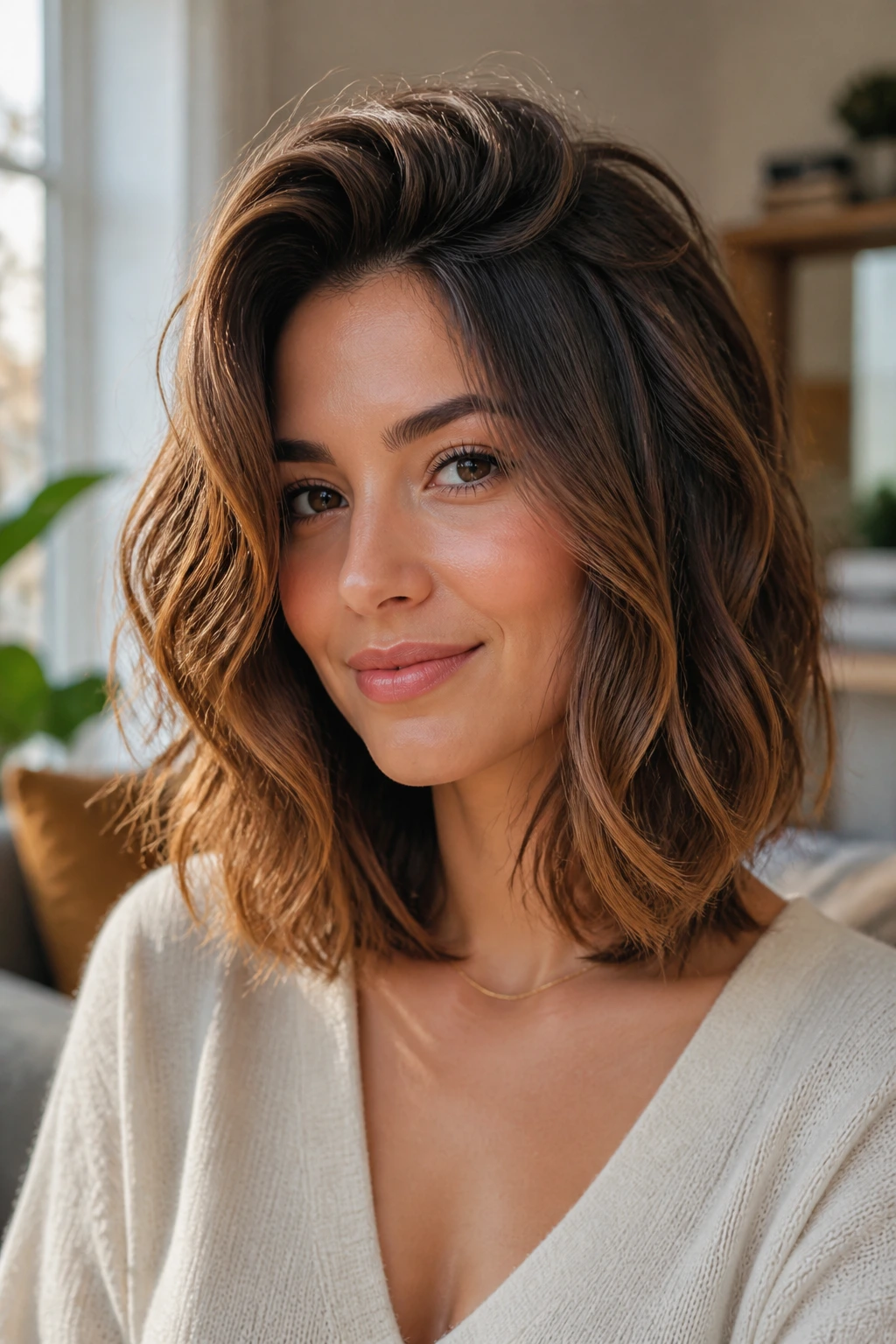 Close-up of a real woman with crown-volume lob and lifted crown