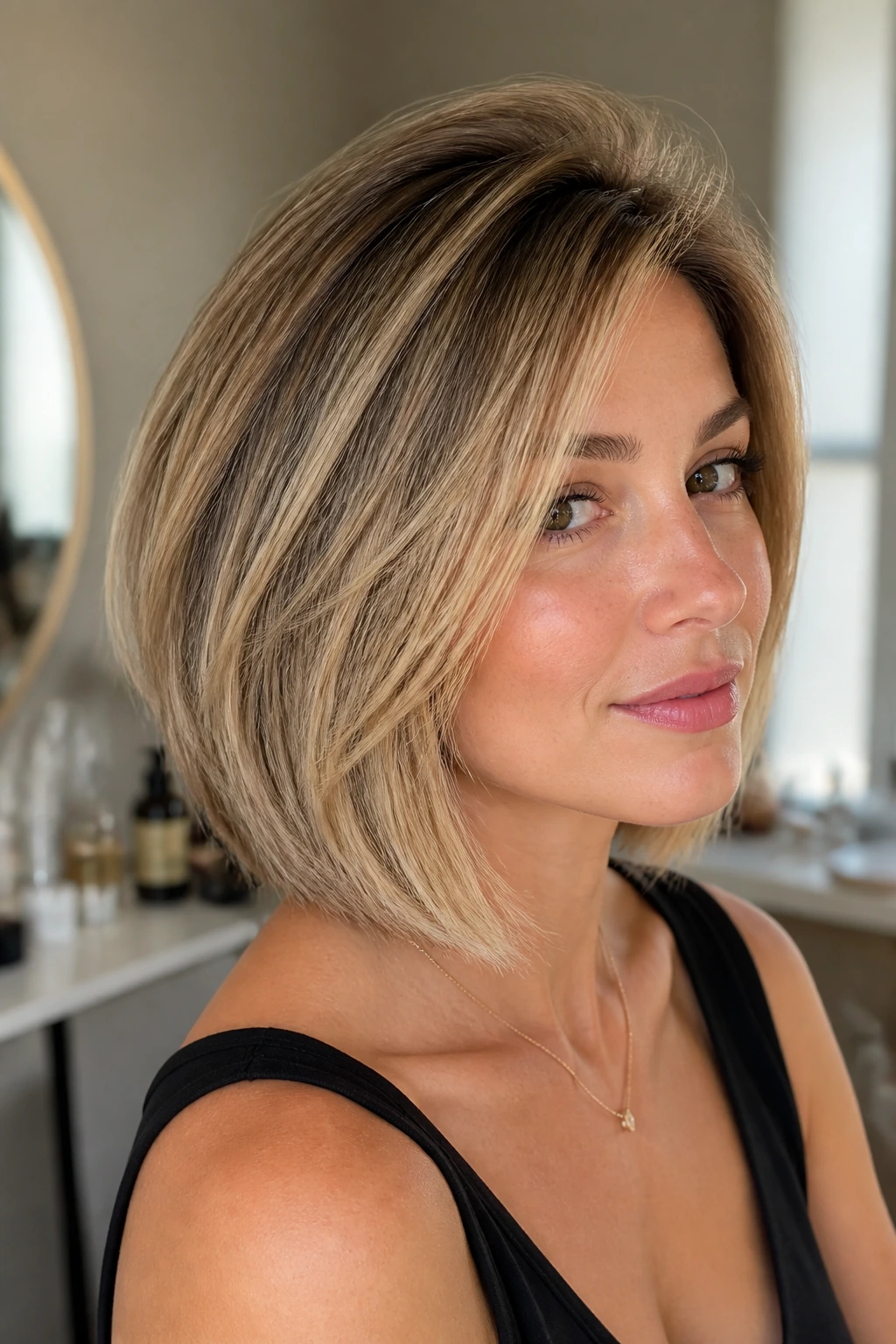 Portrait of a woman with crown-volume lob and subtle crown lift in natural light.